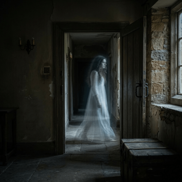 A ghostly woman in a white dress walking through a dark, stone hallway near a window