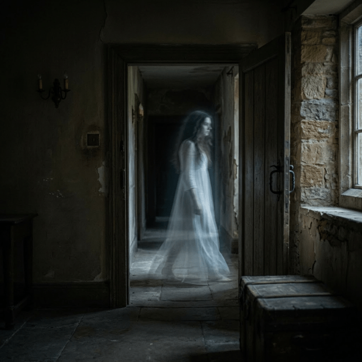 A ghostly woman in a white dress walking through a dark, stone hallway near a window