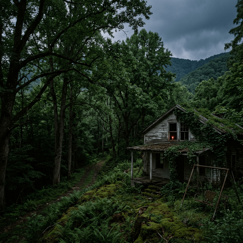 Overgrown wooden cabin with swing in a dense forest beneath storm clouds