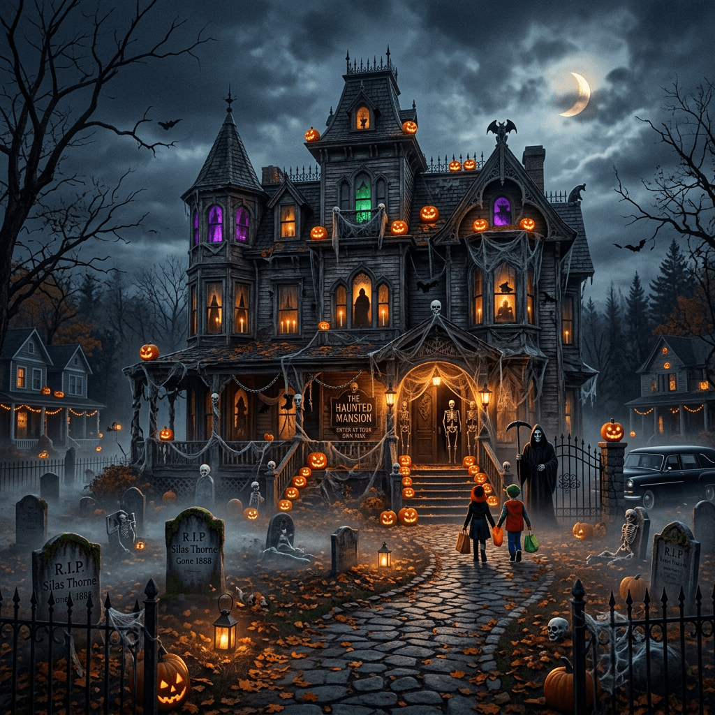 Haunted mansion with pumpkins, ghosts, children, and sign reading "The Haunted Mansion."