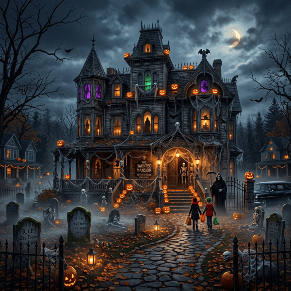 Haunted mansion with pumpkins, ghosts, children, and sign reading "The Haunted Mansion."