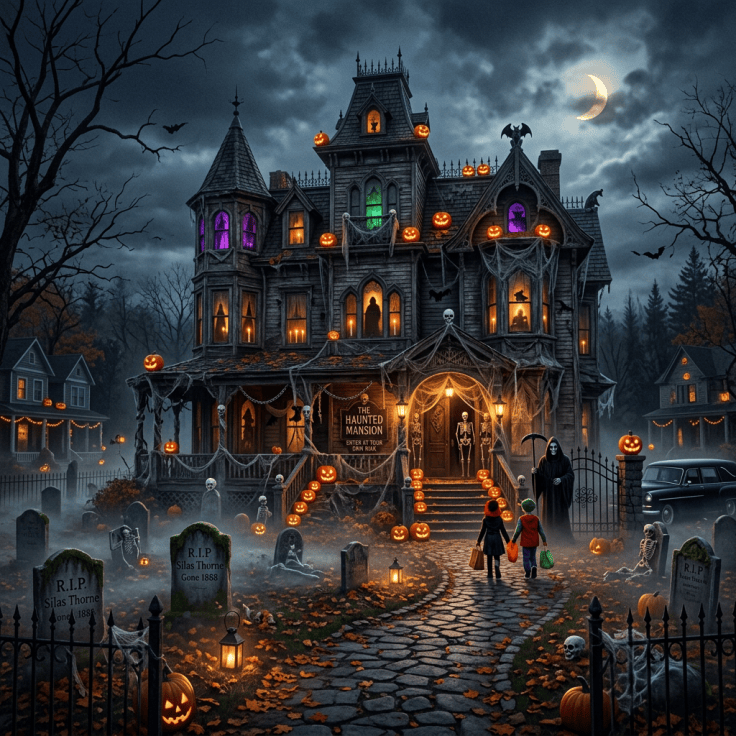 Haunted mansion with pumpkins, ghosts, children, and sign reading "The Haunted Mansion."